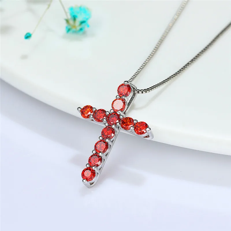 

Boho Female Blue Crystal Pendant Necklace Charm Silver Color Chain Necklaces For Women Cute Cross Zircon Stone Wedding Necklace