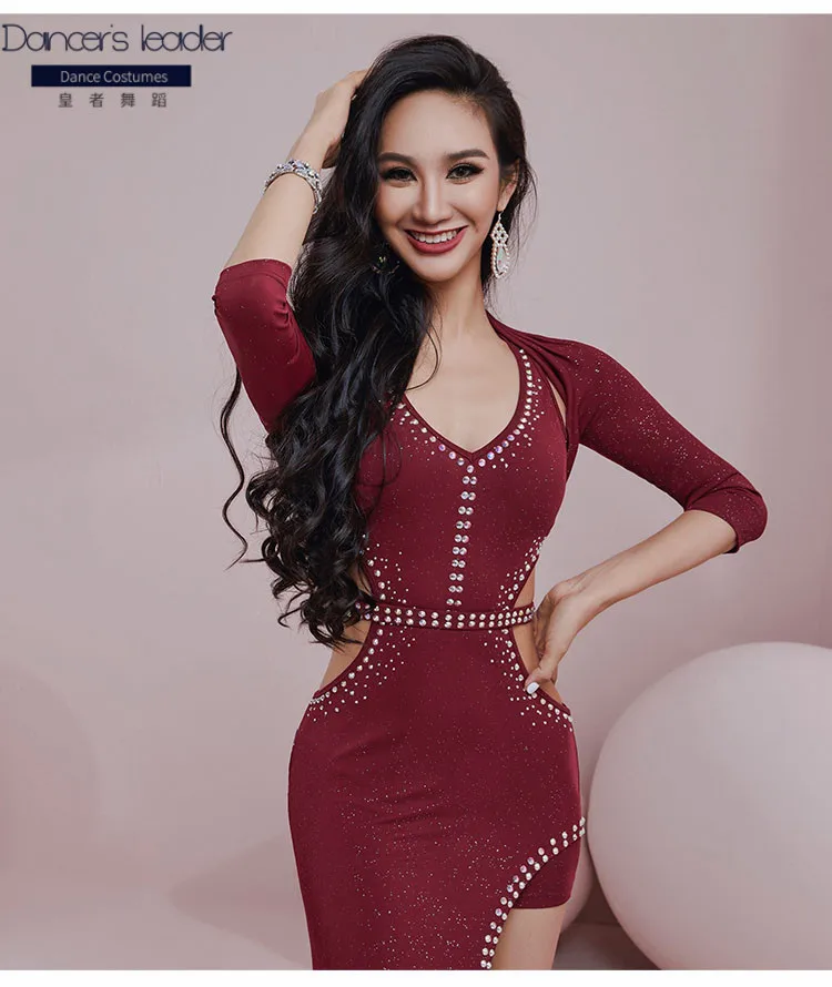 

Belly dance practice clothes diamond V-neck split long skirt female adult elegant performance costume