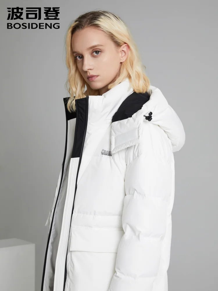 Женский пуховик со съемной шляпой Bosideng белый толстый длинный ультра светильник