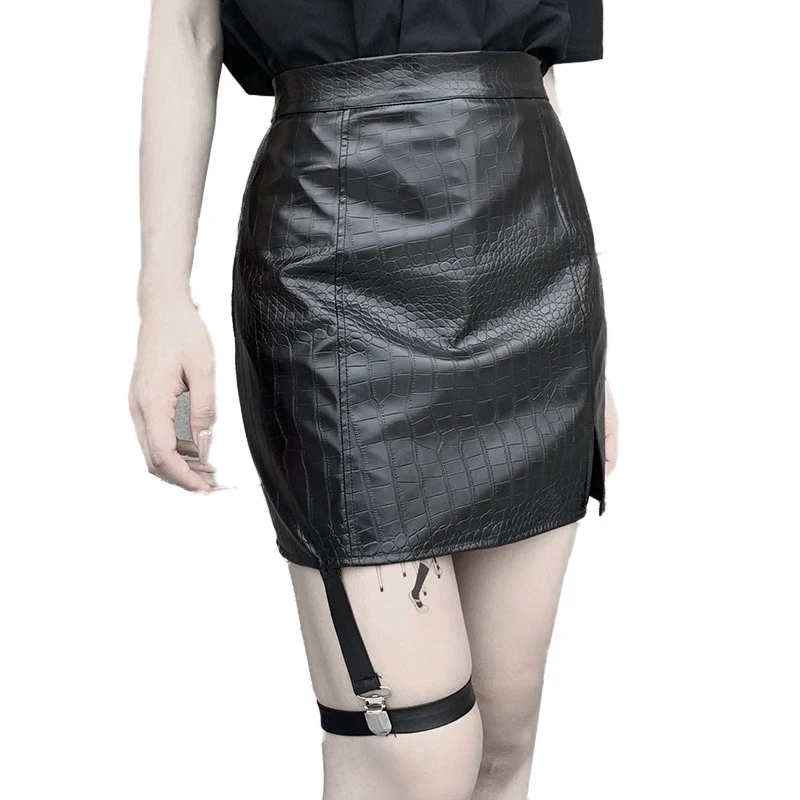 

High Waist Bag Hip Half-length Crocodile-Pattern PU Leather Split Skirt Imitation Leather Short Skirt Women Sexy Hip Mini Skirt
