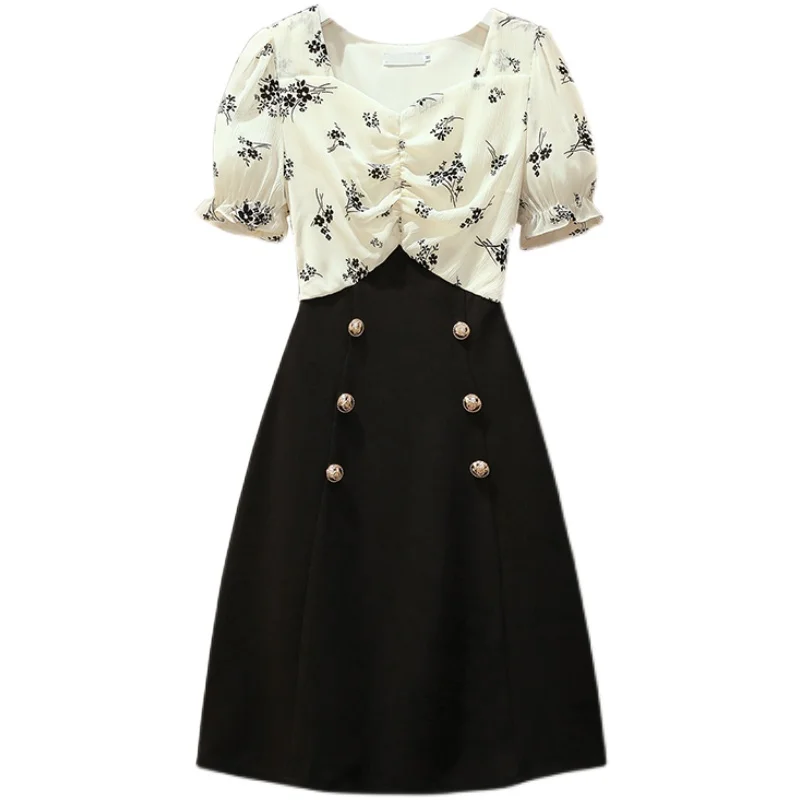

EHQAXIN Summer Fashion Women's New Chiffon Floral Stitching Dress Loose Short-Sleeved Buttons Long Skirt With Wooden Ears L-5XL