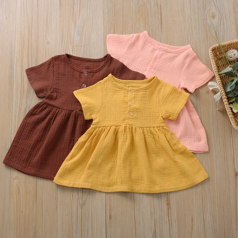 Детское летнее однотонное платье из хлопка и льна для маленьких девочек модный