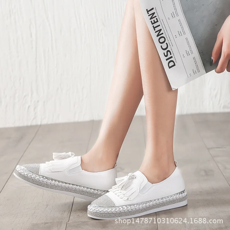 

Korean Brand Design Tassel Small White Shoes Women Crystal Studs Loafers Handmade Knitting Espadrilles Ladies Platform Shoes
