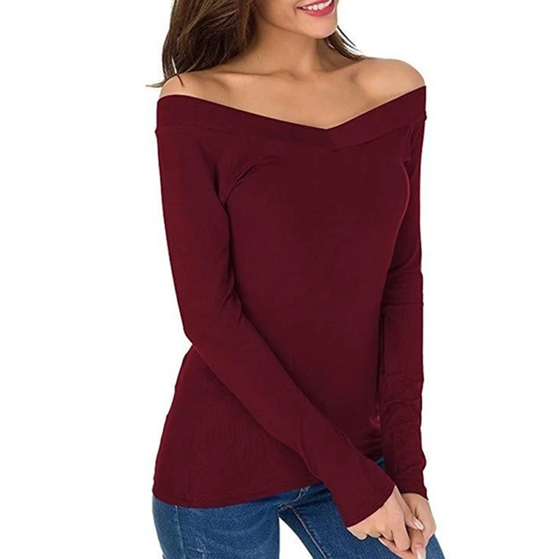 Женская футболка с вырезом лодочкой осенняя одежда модная тонкая длинным