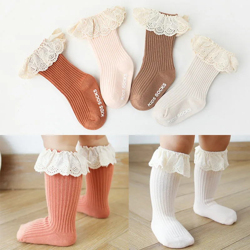 Calcetines largos de algod&oacute;n con volantes para ni&ntilde;os y ni&ntilde;as, medias suaves de 4 colores para beb&eacute;s, de 1 a 3 a&ntilde;os-0
