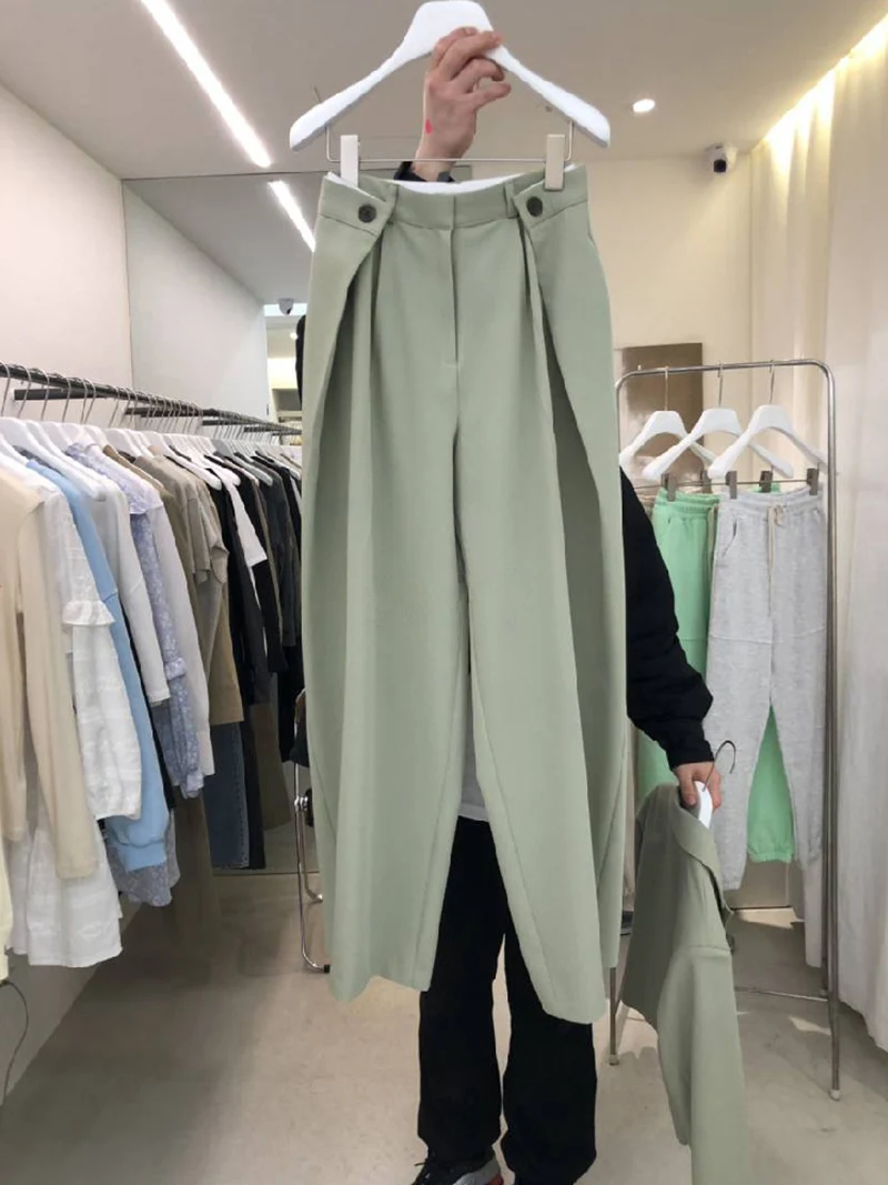 

2021 spring women's new fashion temperament all-match loose solid color buckle net version casual pants streetwear women