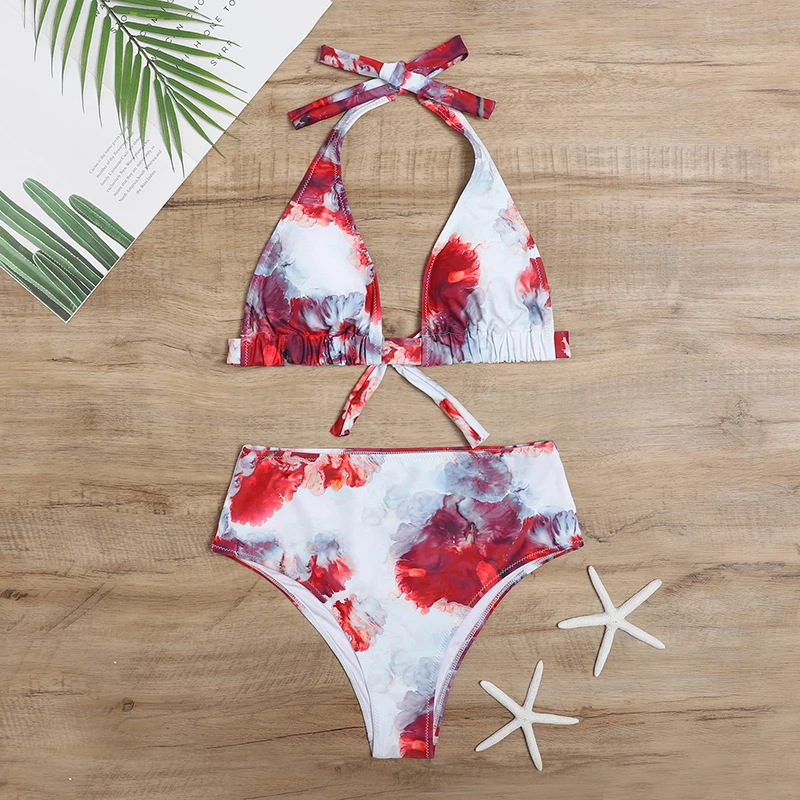 

Женский купальник, новинка 2021, купальник, сексуальное бикини с высокой талией и принтом, кружевной спортивный купальник из двух частей, пляж...