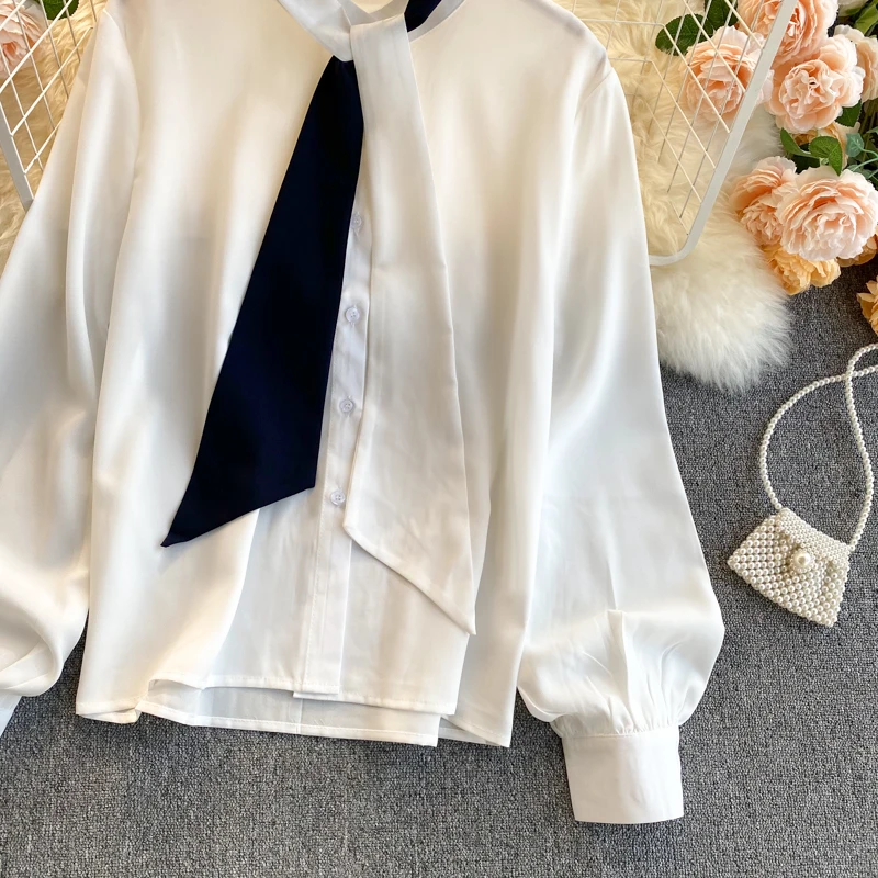

2021 Spring Summer New Bowknot Lantern Sleeve Chiffon Shirt Top Office Lady Elegant Chiffon Blouse