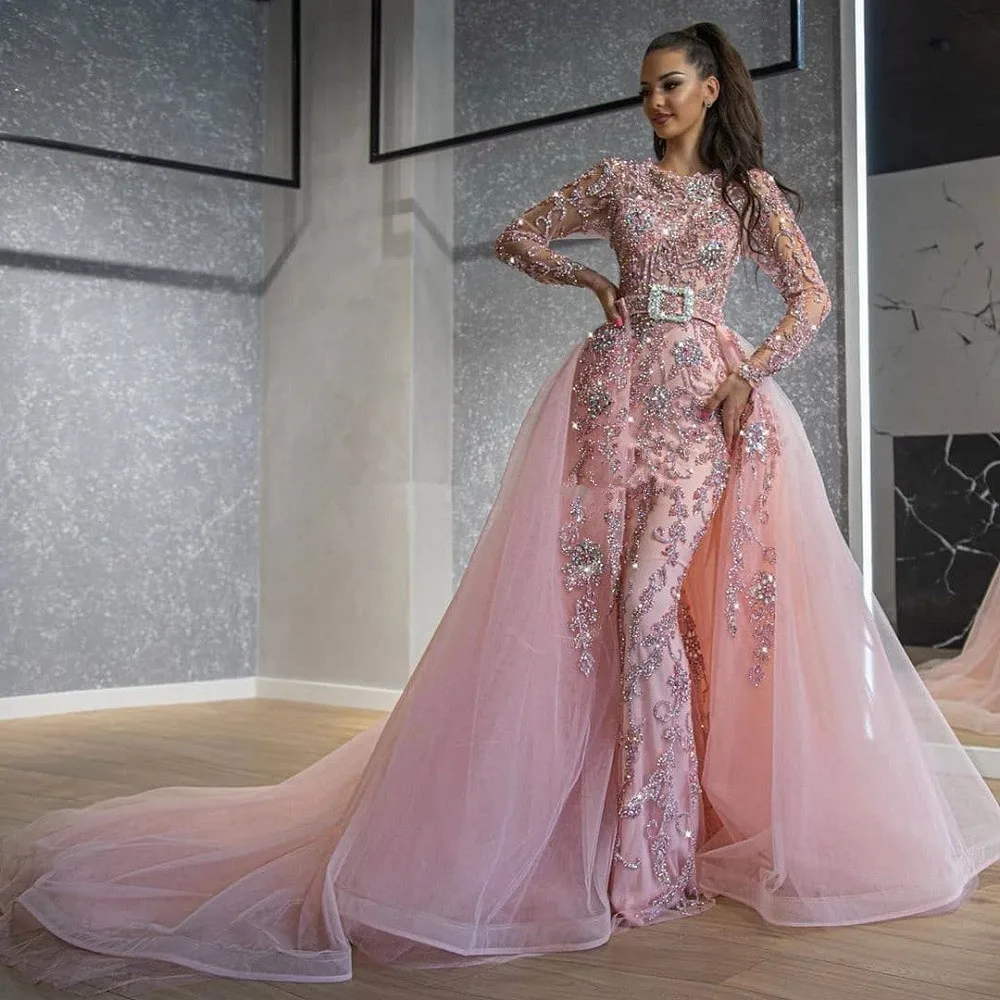 

Женское вечернее платье с юбкой-годе, розовое платье со съемным шлейфом, украшенное бусинами и длинными рукавами, роскошное платье для выпу...