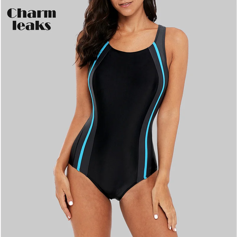 02Bla Charmleaks цельный женский спортивный купальные Костюм спортивный купальник пэчворк пляжная одежда купальный костюм Мягкий Бикини Monikini - Цвет: 02Bla