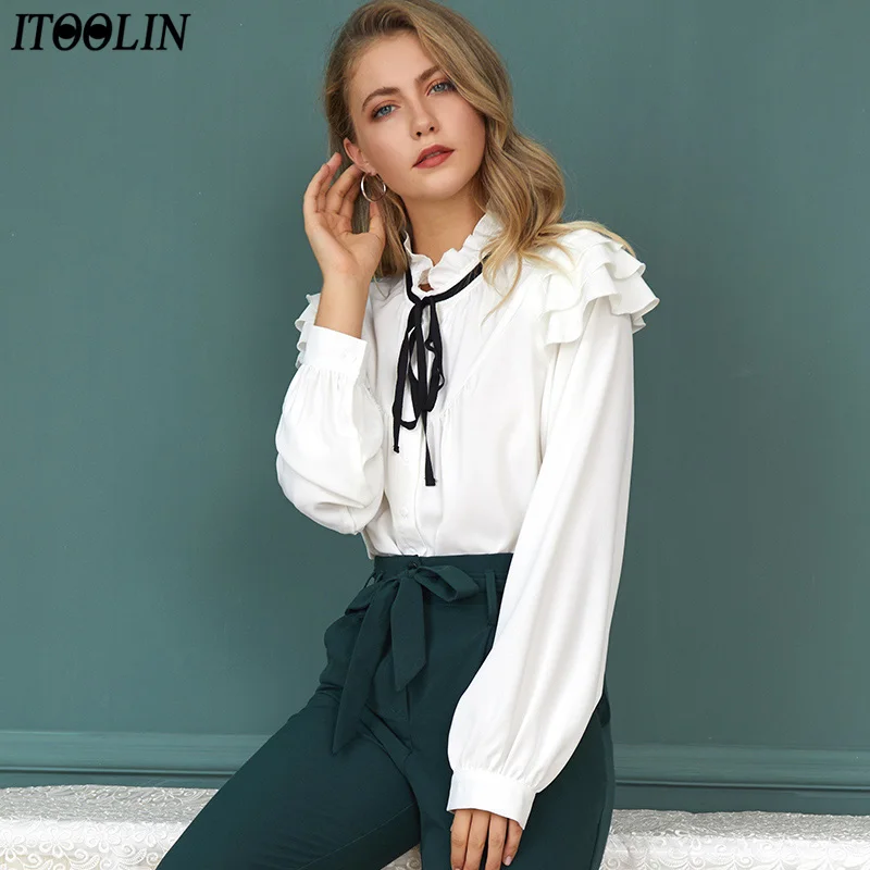 Белая шифоновая блузка ITOOLIN с воланом на шнурке и бантом модная рубашка V образным