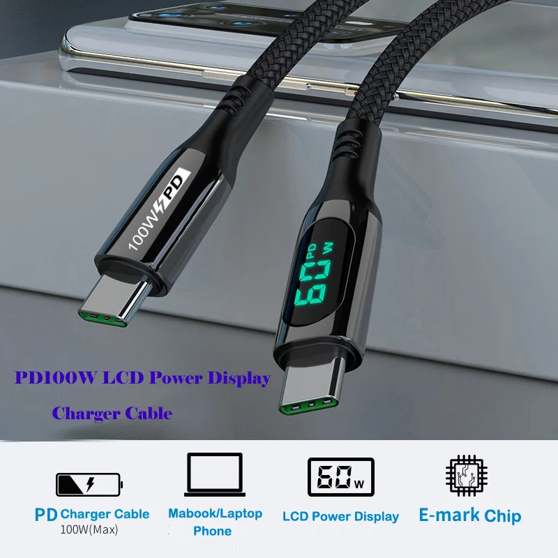 Кабель URVNS 100 Вт Type-C на USB C со светодиодным дисплеем 5A USBC кабель для быстрой