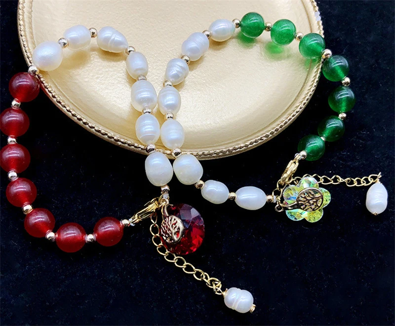 

HABITOO Natural White 8-9mm Rice Freshwater Cultured Pearl Bracelet Red Green Jade Bead Splicing Chain Bangle Fashion Jewelry