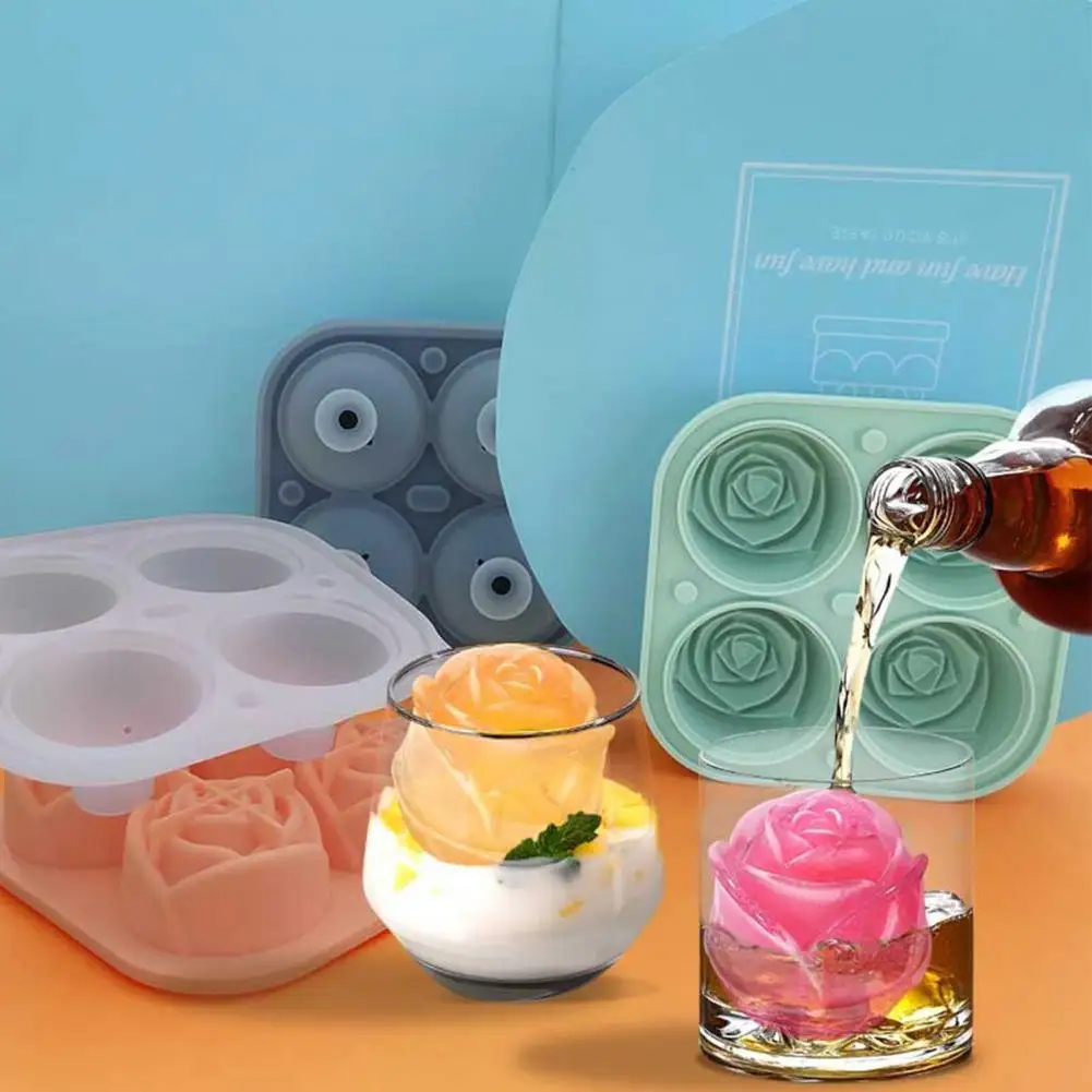 

4 Cavity Durable 4 Cavity Silicone Ice Cube Rose Mold Safe Ice Cube Mold Flexible for Bar