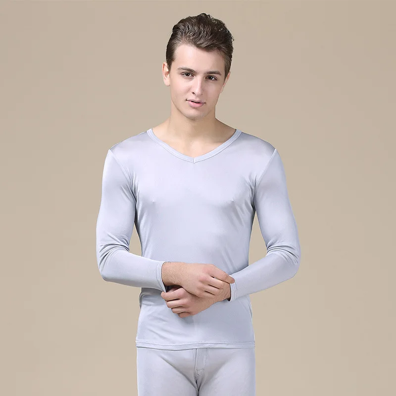 Men's solid V-neck silk double knitted thermal underwear set autumn clothes and pants 9805