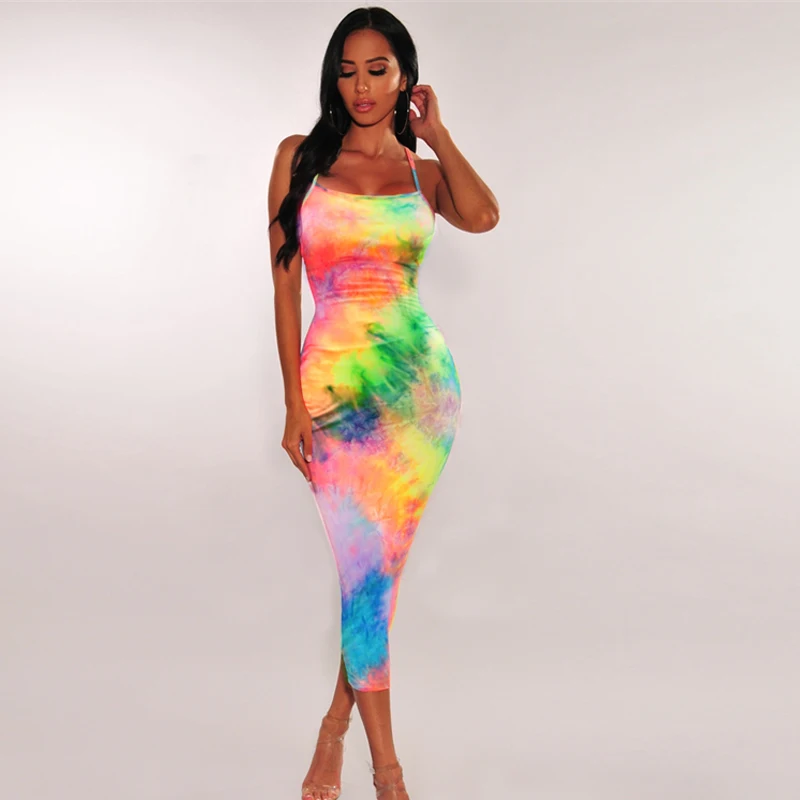 

Tie Dye Slip Backless Sexy 2020 Summer Autumn Women Fashion High Waist Slim Party Elegant Bodycon Midi Dress