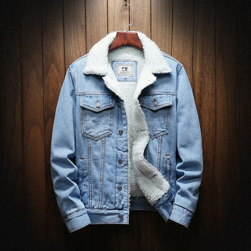 

2021New Men Light Blue Winter Jean Jackets Outerwear Warm Denim Coats New Men Large Size Wool Liner Thicker Winter Denim Jackets