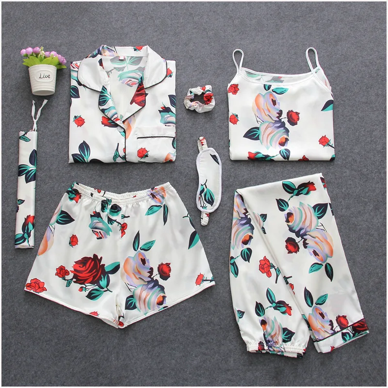 

7 Pieces Floral Print Women Pajamas Silk Satin Pyjama Autumn Summer Ladies Sexy Sleepwear Femme Home Clothes Nightie Homewear