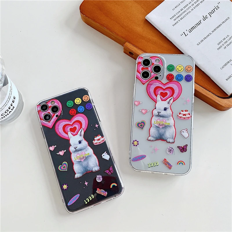

Cute Cartoons Love Rabbit Phone Cases on For Coque iPhone 12 Mini 11 Pro XS MAX XR X 8 7 Plus SE 2020 Clear Soft TPU Back Cover