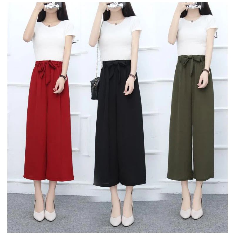 Летние элегантные эластичные женские шифоновые широкие брюки с высокой талией
