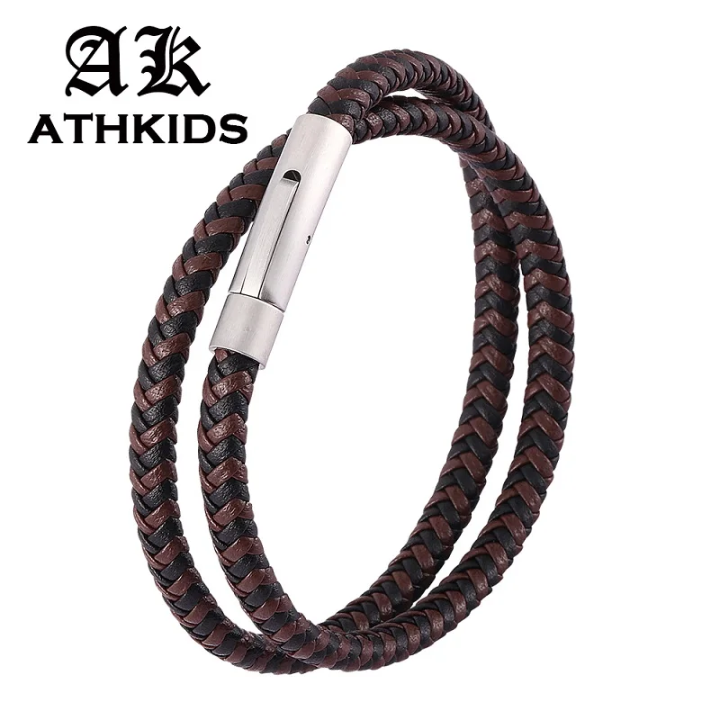 

Black Brown Mix Braided Leather Double Layer Bracelet Men Women Fashion Stainless Steel Snaps Unisex Jewelry Gifts PD0492