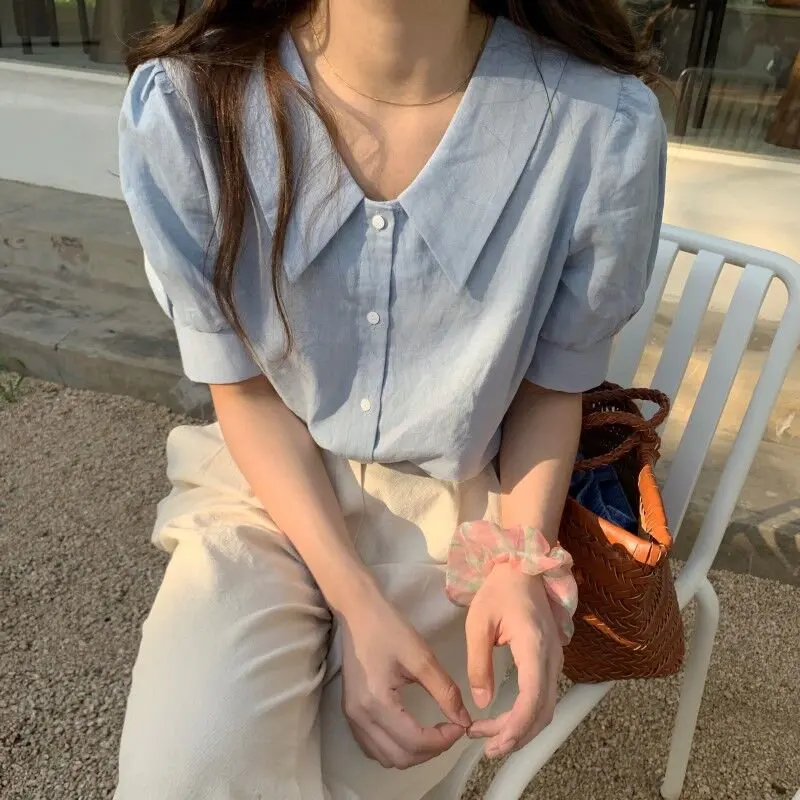

Cute OL Casual Blouses Chic Shirts Vestido Robe Mujer Girls Sweet Gentle Solid Short Sleeves All Match