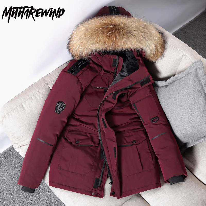 -30 Degree Winter Jacket Men Parkas White Duck Down Coat Mid-length Outdoor Big Fur Collar Hooded Thick Warm Snow Windbreaker