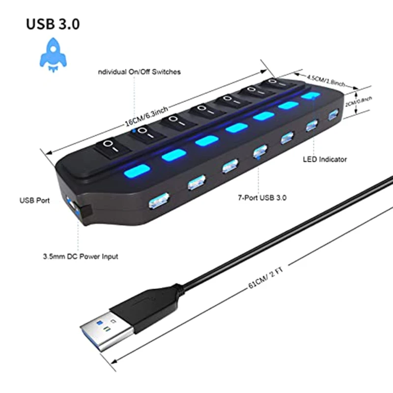 

New Active USB Hub USB3.0 High-speed Transmission 7-port Hub Splitter 1 To 7 USB2.0 Hub Multi-port Notebook Desktop