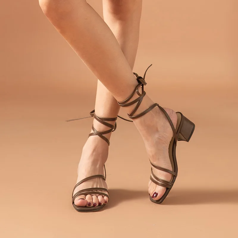 Harga BeauToday Sandal Gladiator Wanita Kulit Sapi Antik Kaki Persegi Sepatu Flat Wanita Musim Panas Ikatan Silang Hak Tinggi Buatan Tangan 31180