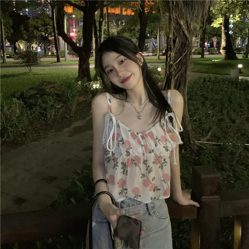

Sexy Sling Floral Strapping Cropped Top Female Summer New Style Korean Loose Slim Small Sling