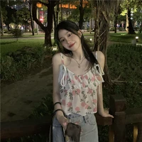 sexy sling floral strapping cropped top female summer new style korean loose slim small sling