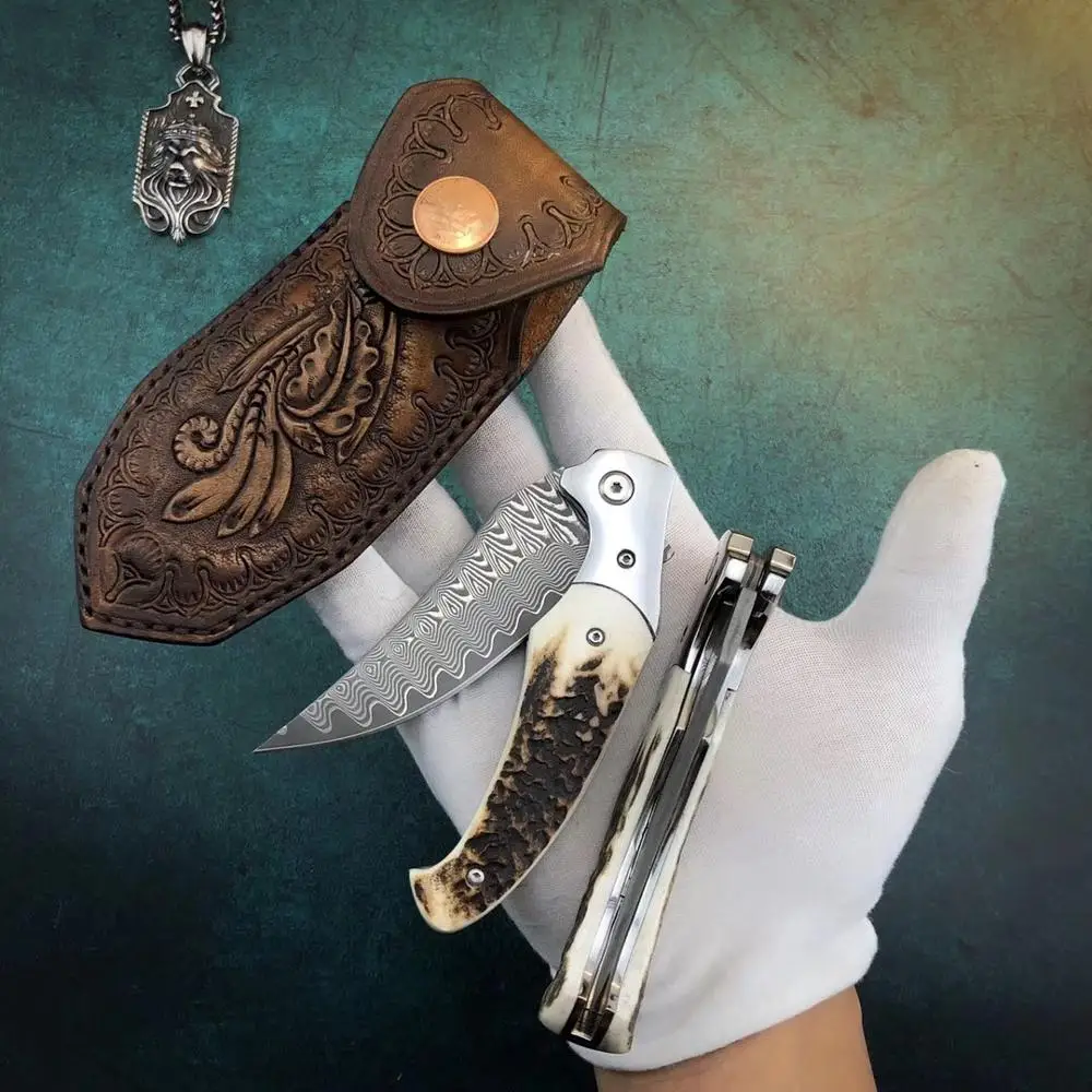 Складной нож из дамасской стали тактический карманный резец с натуральными