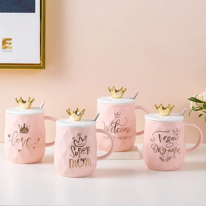 

Girl Ceramic Cup 430ml Japanese Style Creative Pink Crown Mug Cute Custom Coffee Cup Couple Water Cup with Lid Spoon Coffee Cups