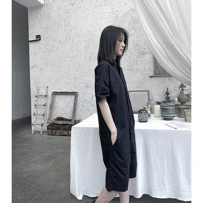 Темный черный комбинезон в стиле ретро летний с коротким рукавом 2020 | Женская