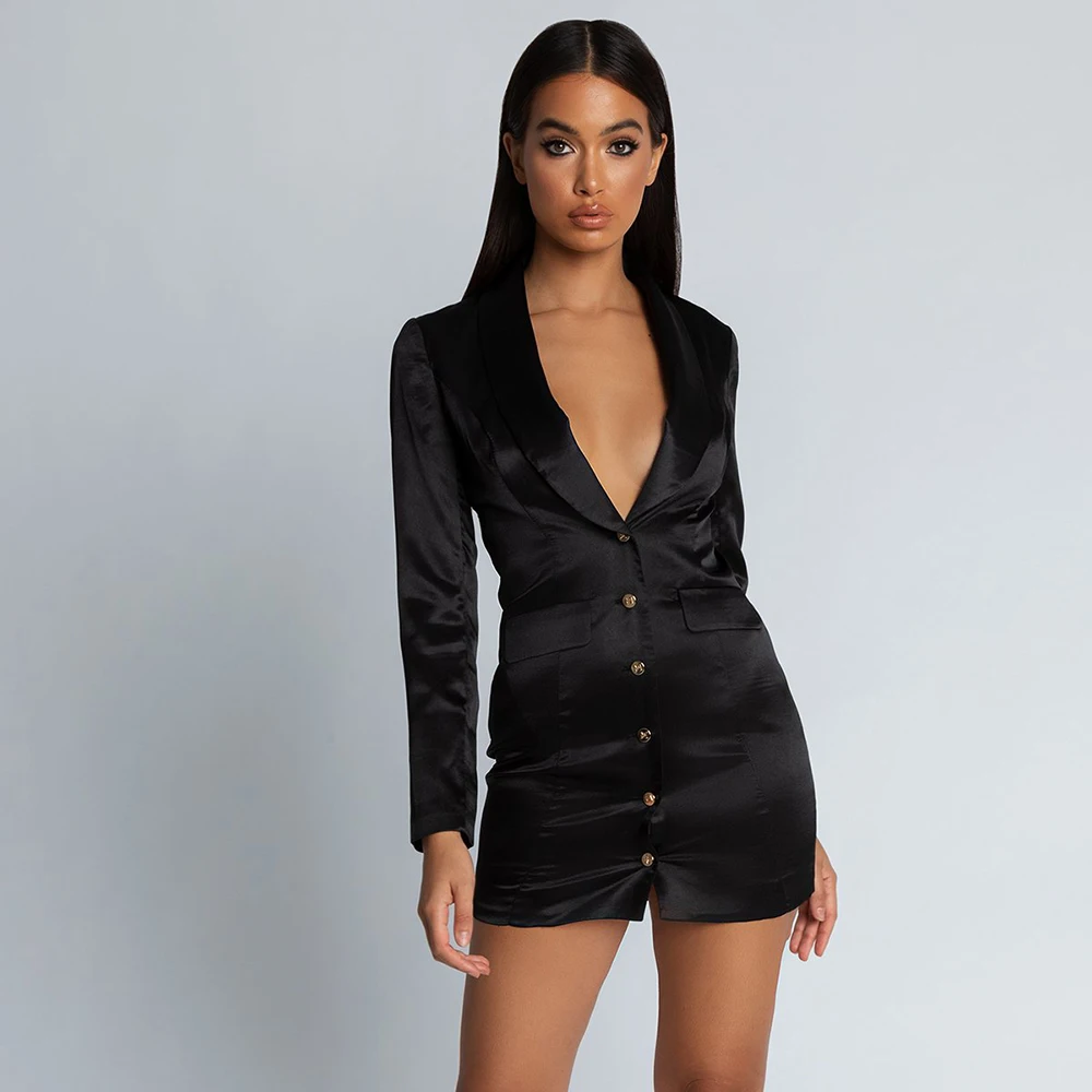 Женское атласное платье-карандаш с v-образным вырезом и длинным рукавом | Женская