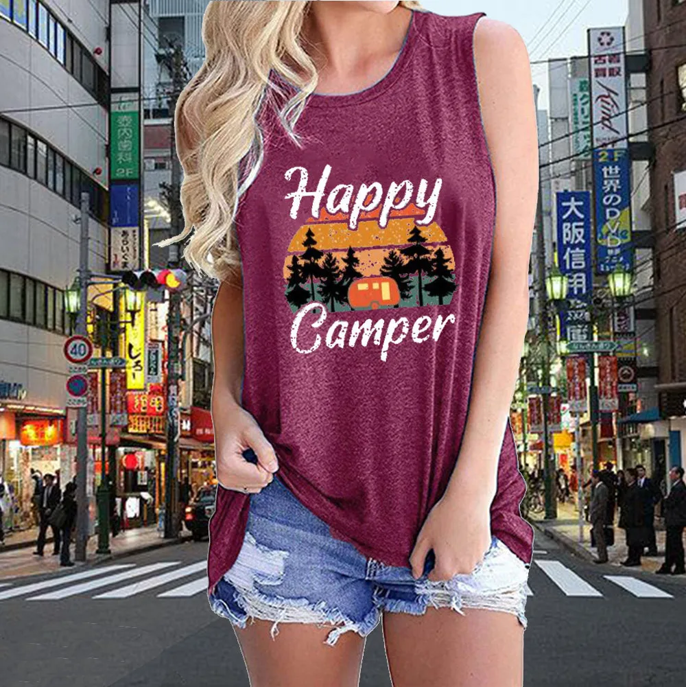 

Tank Tops Women's Happy Camper Prirnt Summer 2021 Fashion Harajuku Vests Ladeis Oversize Streetwear Clothing Sleeveless Shirts