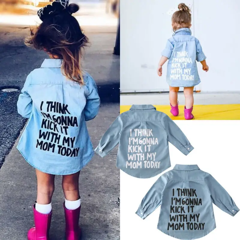 

2-7Y Toddler Kids Baby Denim Letter Print Long Sleeve Top Shirt Warm Coat Girl Shirts Tops Clothes