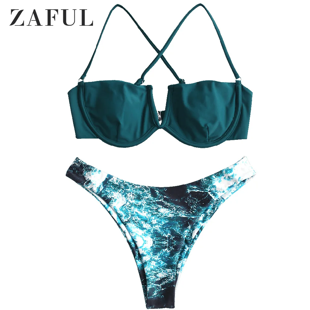 Zaful, треугольный вырез, на косточках, с принтом морской воды, с высокой посадкой, Купальник бикини для девочек, mujer, мраморный Павлин, синий,, новая мода