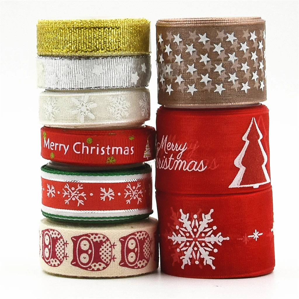 

9 Rolls Christmas Ribbons Trims Printed Grosgrain Ribbons Multicolor Ribbons Satin Ribbons Metallic Glitter Ribbons