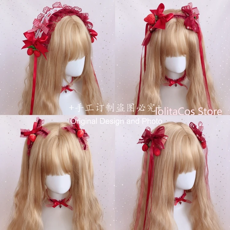 

Kawaii Sweet Cute Berry Strawberry Jam Lolita Red Hairpin Soft Sister Cosplay Japanese Style Lace Bow Hair Band Headdress