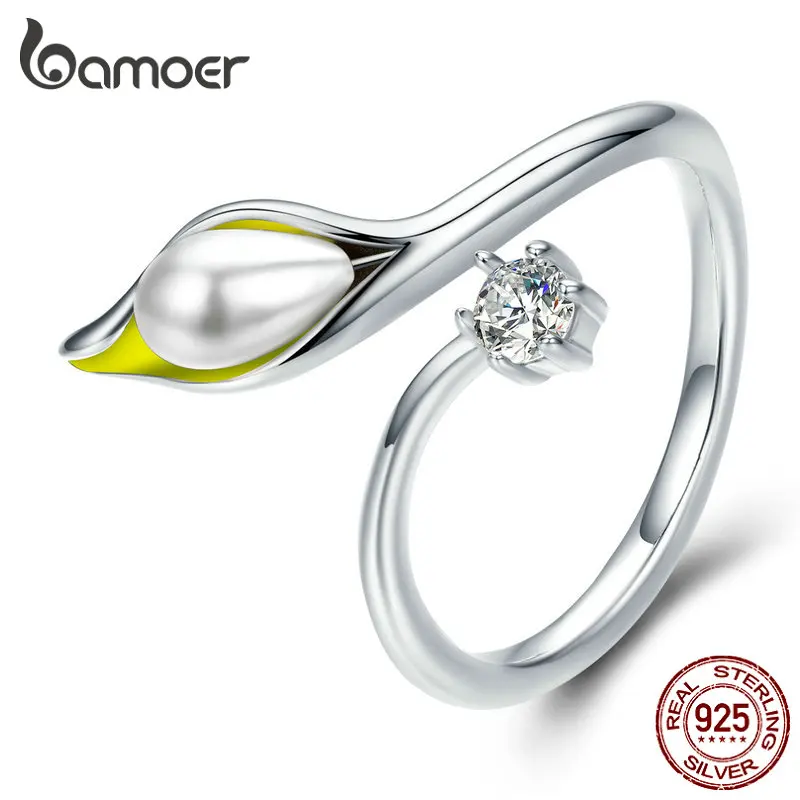 BAMOER, подлинное, 925 пробы, серебряное, элегантное, Калла, лилии, цветочные бутоны, регулируемое, Женское кольцо для женщин, обручальное, ювелирное изделие SCR299