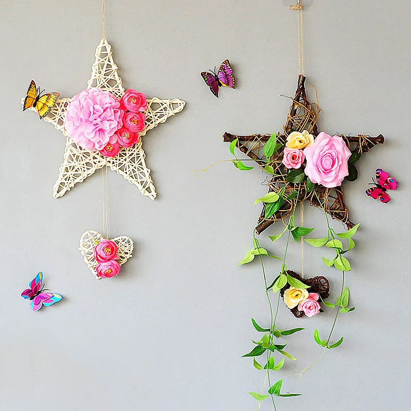 

Autumn Winter Five Star Hanging Wall Home Decor Artificial False Flowers Roses Plastic Green Flowers Heads For Wall Decoration