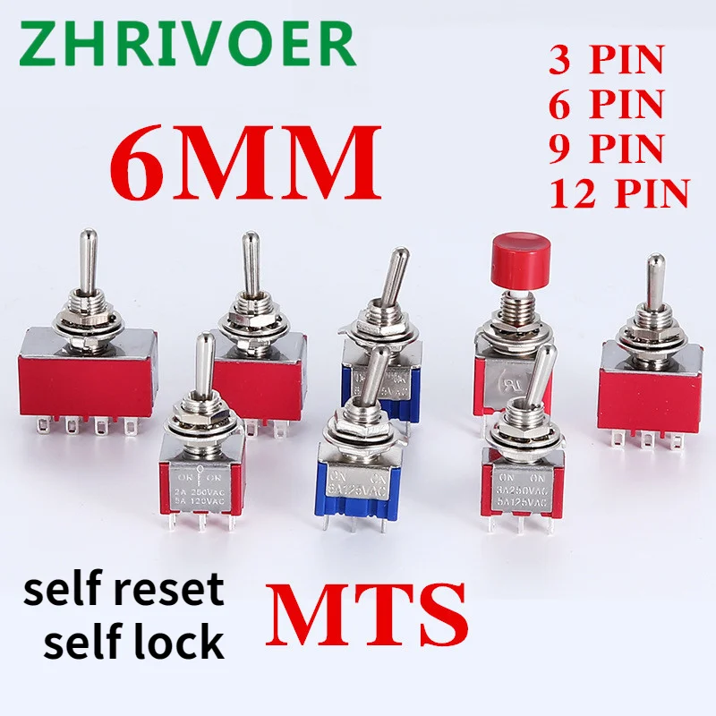5PCS 6mm, self reset/self lock, pole switch, DPDT micro switch, 3/6/9/12-pin, 1/5 position, 6a/2/3V, 3A/125V, mts-202/102/103 AC