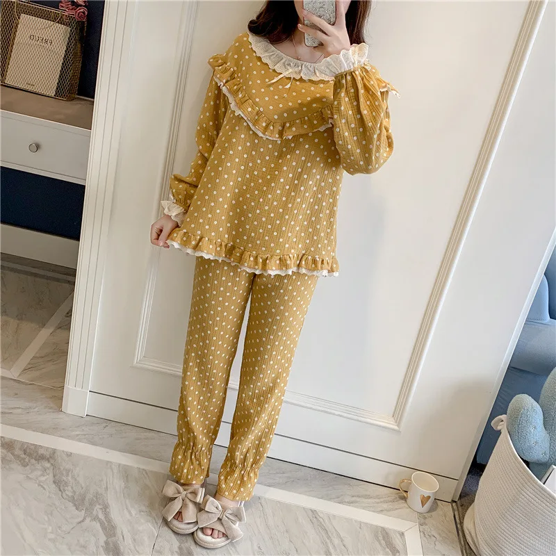 Осенний пижамный комплект из чистого хлопка с длинными рукавами кружевные милые