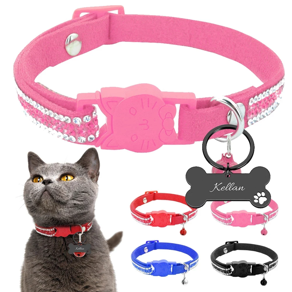 

Personalized Cat Collars Rhinestone Leather Collar Safety Breakaway with Bell Free Engraving ID Tag for Puppy Kittens Necklace