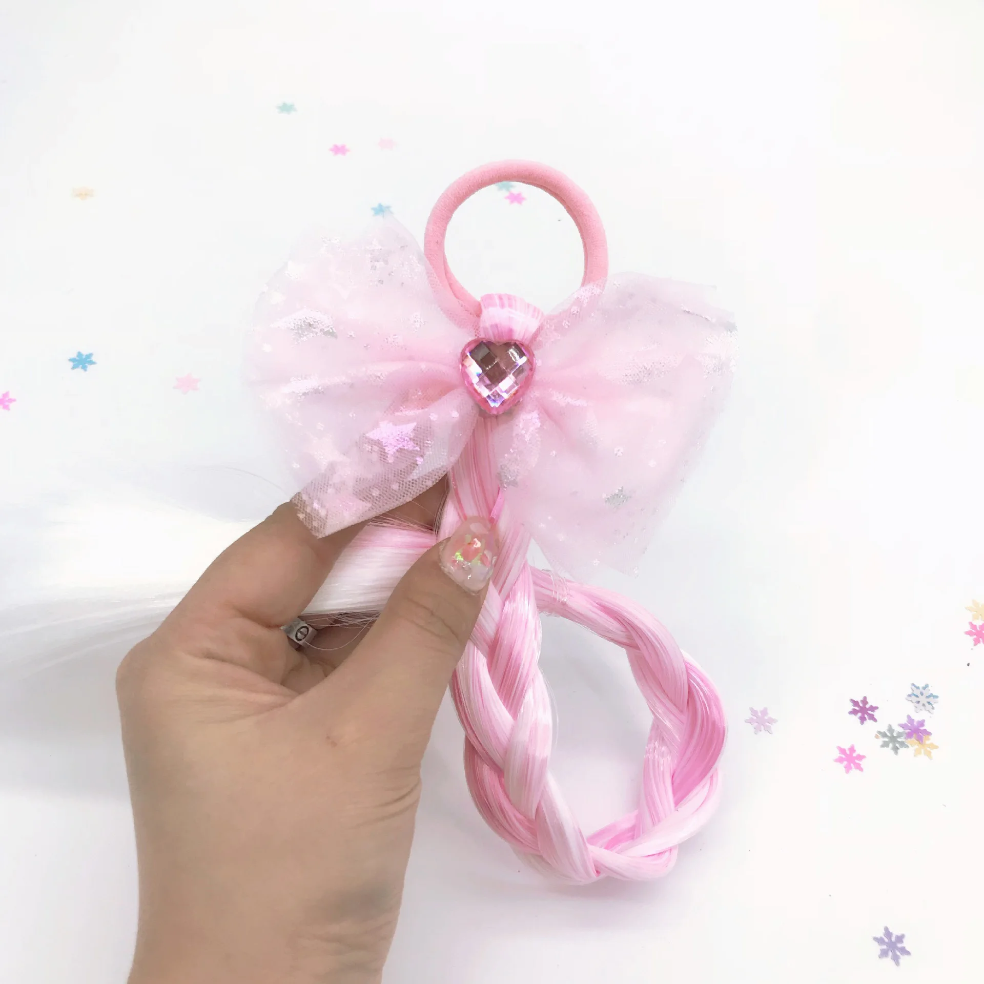 New Princess Pigtail Elastic Hair Band for Girls with Twist Braid Wig Lace Bow Sequin Snowflake Hair Ties Scrunchies Headwear