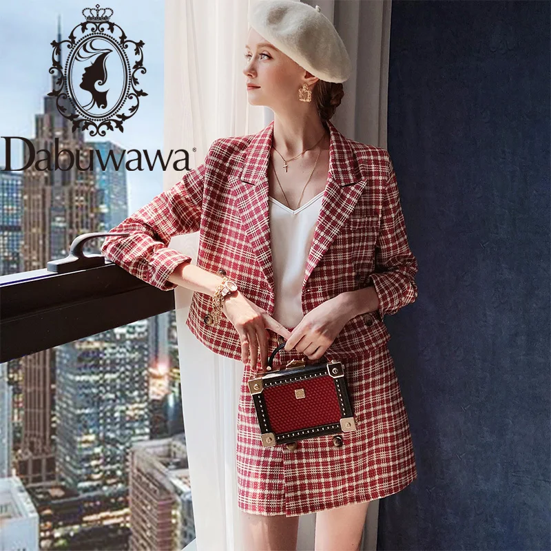 

Женский винтажный клетчатый костюм Dabuwawa, повседневный костюм с юбкой и пальто в уличном стиле для офиса, DT1DSA005