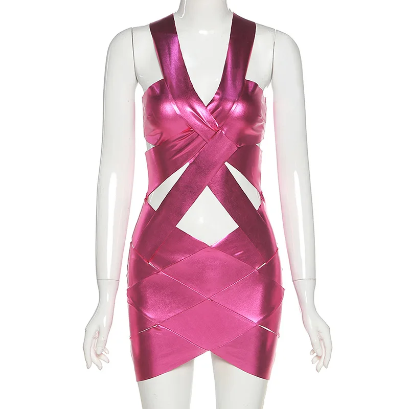 

Echoine Woman Sexy Solid Cross Bandage Mini Dress Backless Sleeveless Clubwear Bodycon Skinny Party Club Clothing Female Outfits