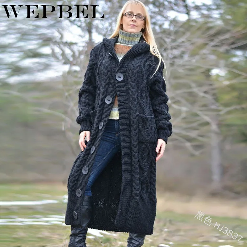 

Mandylandy Autumn Winter Women Hooded Long Knitted Cardigan Sweater Coat Lady Solid Color Coat Fashion Jacket Plus Size Overcoat
