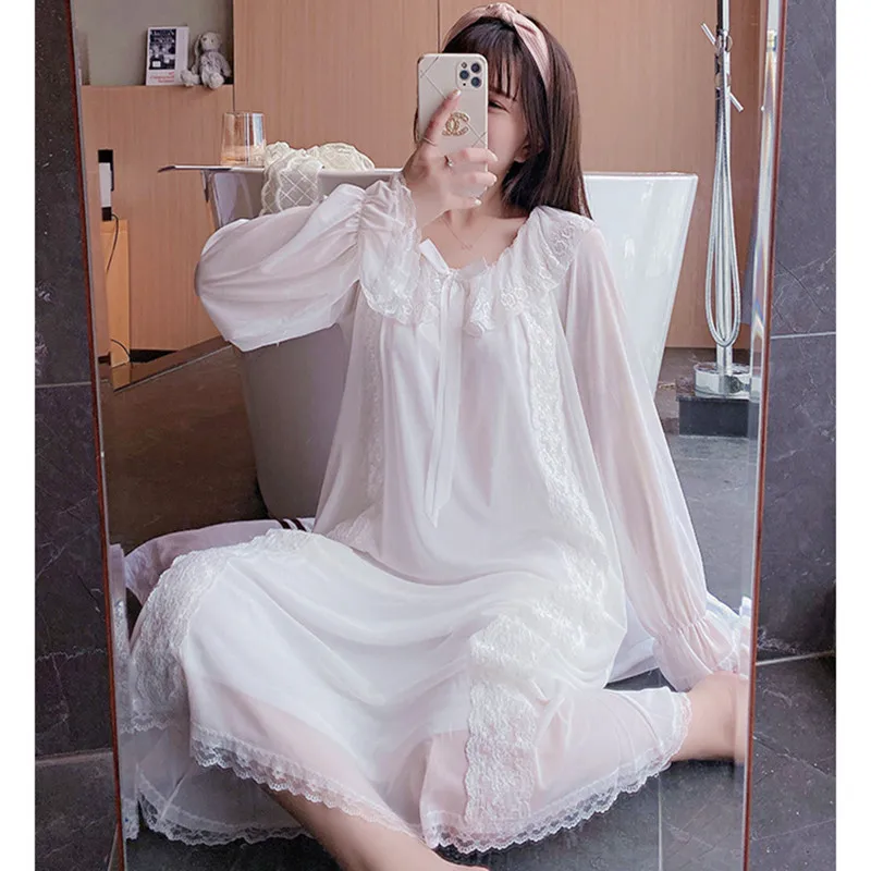 

Fdfklak Women Night Dress New 2022 Vestidos Spring Sweet Cotton And Lace Sleepwear Loose Net Yarn Long Sleeve Nightgowns